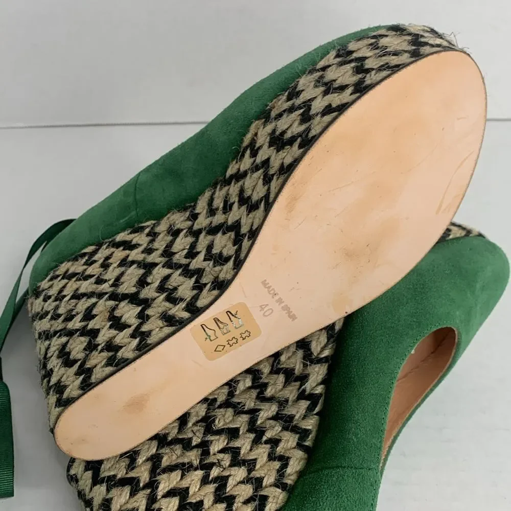 Free People Charade green suede espadrille platform wedge ankle tie pumps NWOB